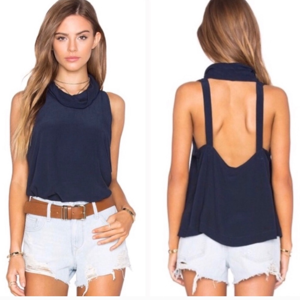 Free People City Lights blue turtleneck tank top